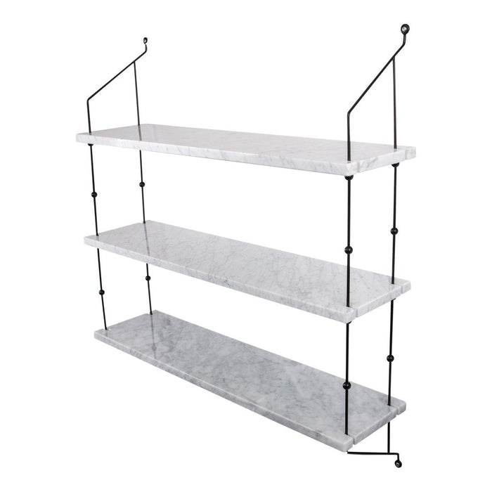 Three-tier wall shelf with a sleek gray marble finish and minimalist black metal supports. Perfect for modern decor.