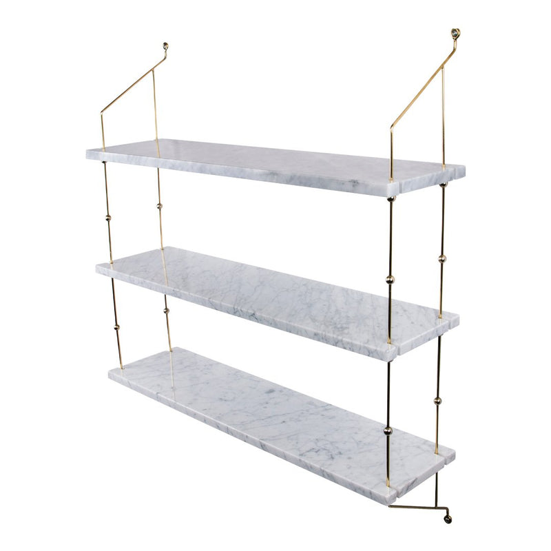 Three-tiered marble shelf with a sleek gray and white pattern, featuring elegant gold metal accents.
