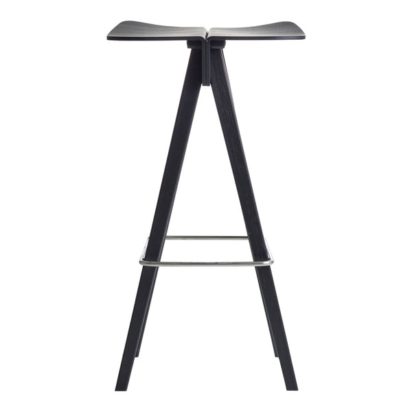 Black wooden bar stool with a sleek, minimalist design and a smooth, curved seat.