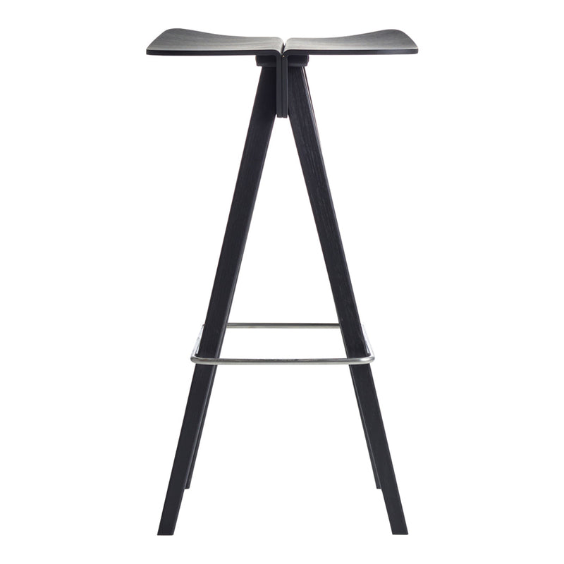 Black wooden bar stool with a sleek, minimalist design and a smooth, curved seat.