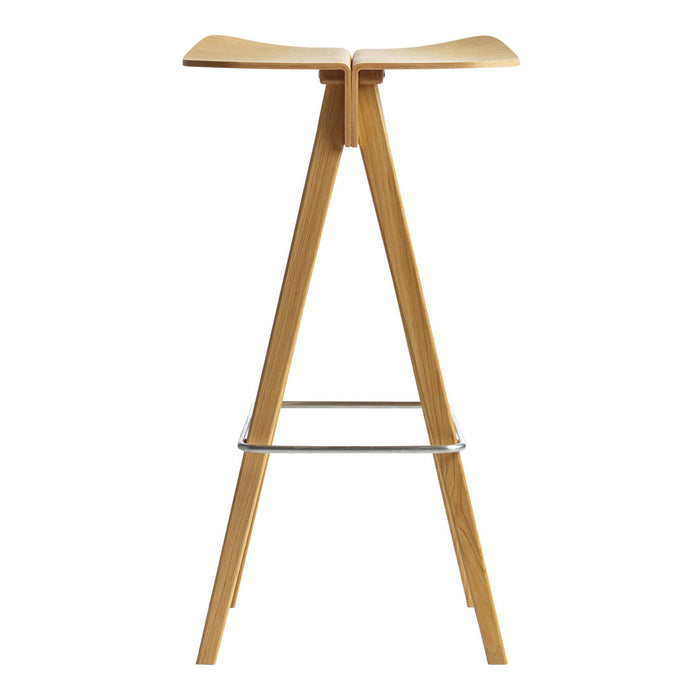 Natural wood bar stool with a sleek, minimal design and light finish, featuring a simple, streamlined silhouette.