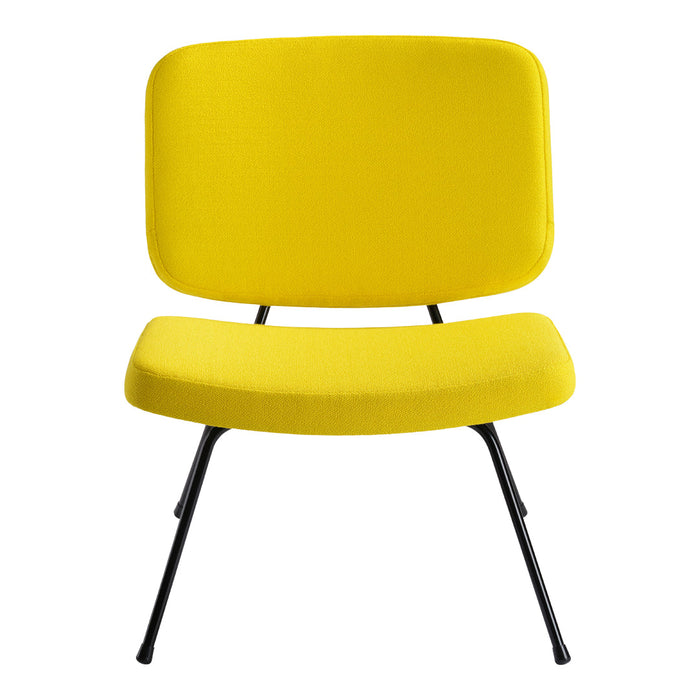 Stylish yellow chair with a smooth fabric finish and minimalist black metal legs. Perfect for modern decor.