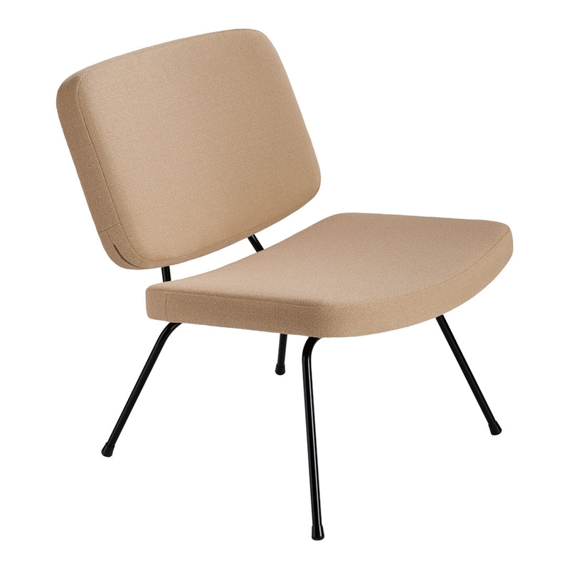 Beige upholstered chair with a minimalist design and black metal legs. Sleek and modern aesthetic for any space.
