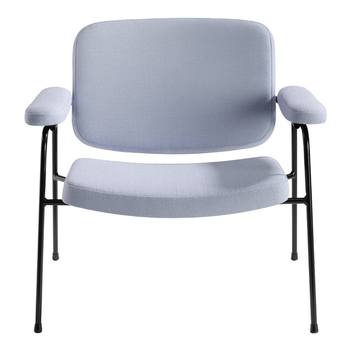 Light blue armchair with a minimalistic design and soft fabric upholstery on sleek black metal legs.