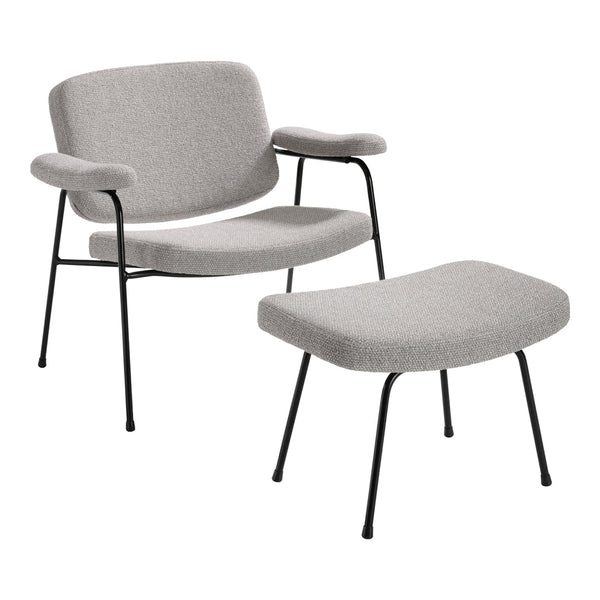 Gray upholstered chair and ottoman set with clean lines and black metal legs. Modern minimalist design for sleek decor.