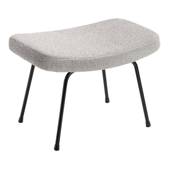 Light gray upholstered ottoman with a textured pattern and sleek black legs. Perfect for modern interiors.