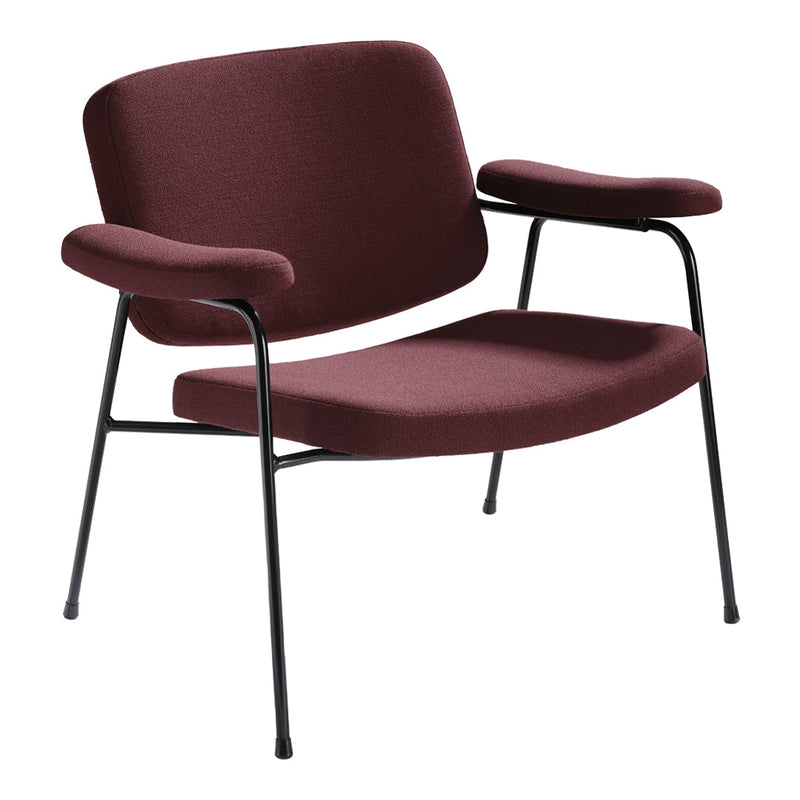 "Burgundy upholstered chair with black metal frame and minimalist design, featuring smooth contours and soft edges."