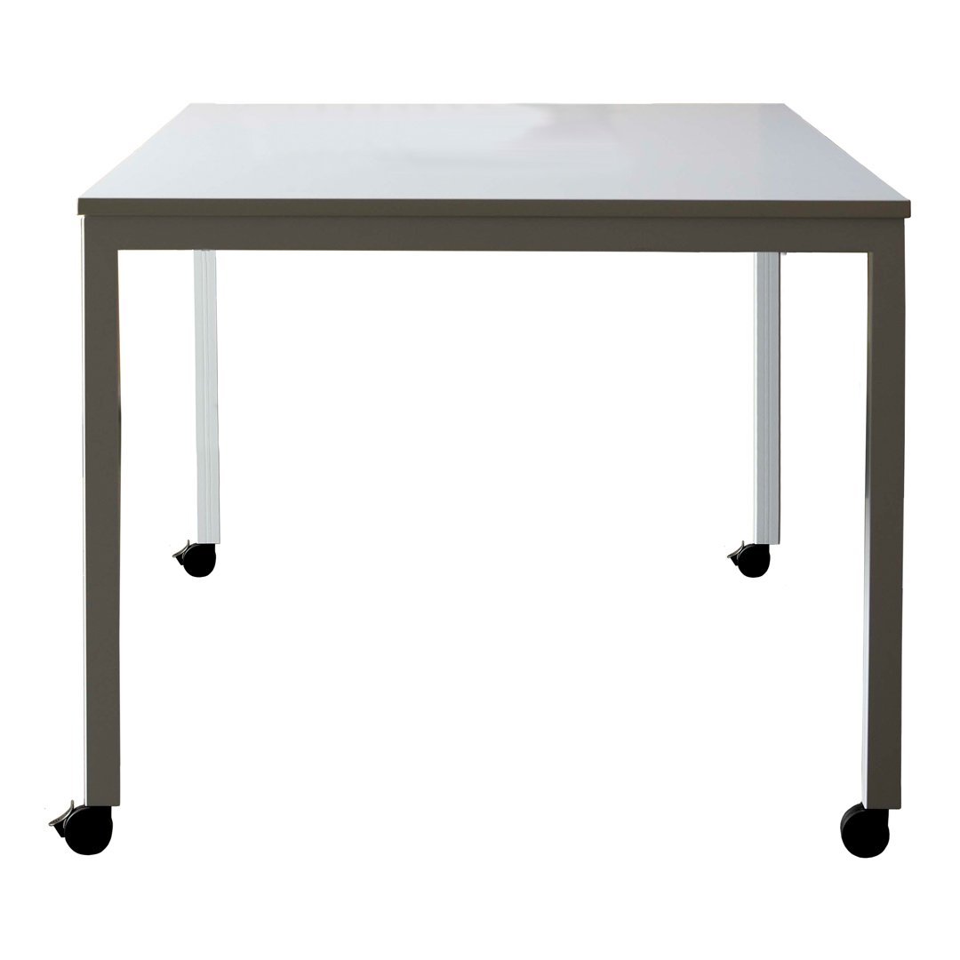 White tabletop with sleek gray legs and black wheels, featuring a minimalist design for modern spaces.