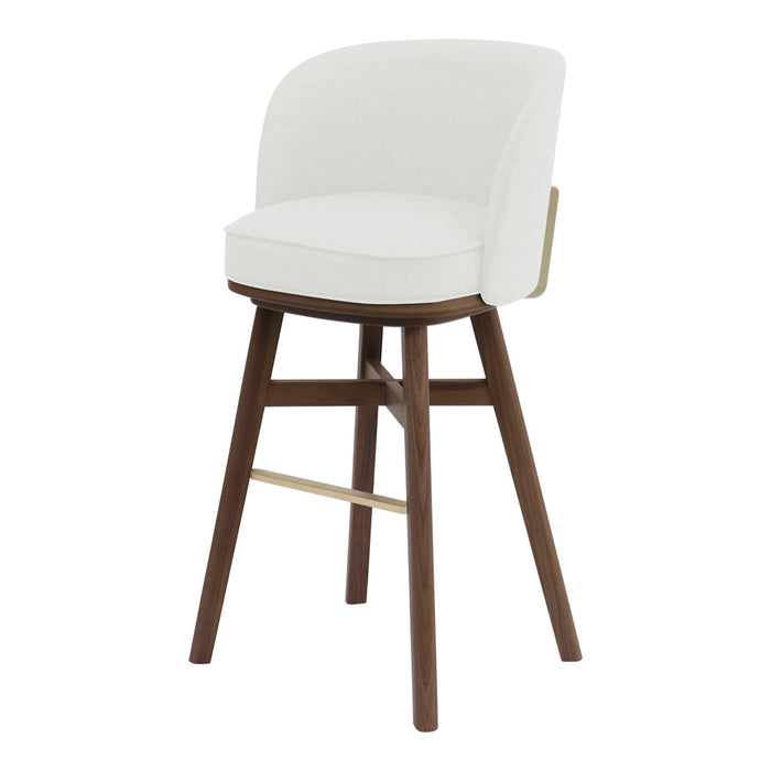 White upholstered bar stool with a natural wood base and subtle gold accents, featuring a sleek, modern design.
