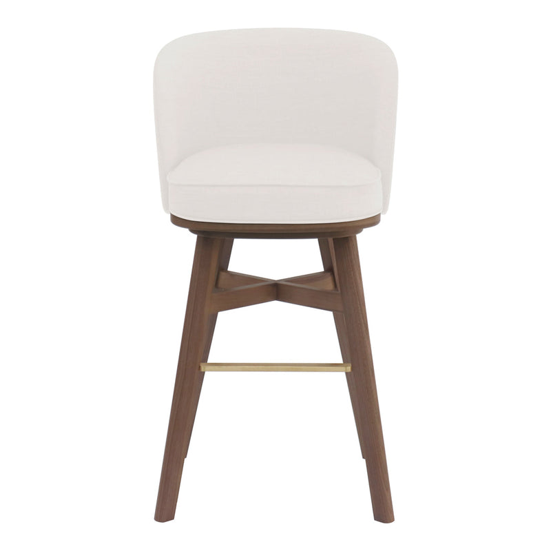 White upholstered bar stool with a wooden base and gold accent, featuring a sleek, modern design.