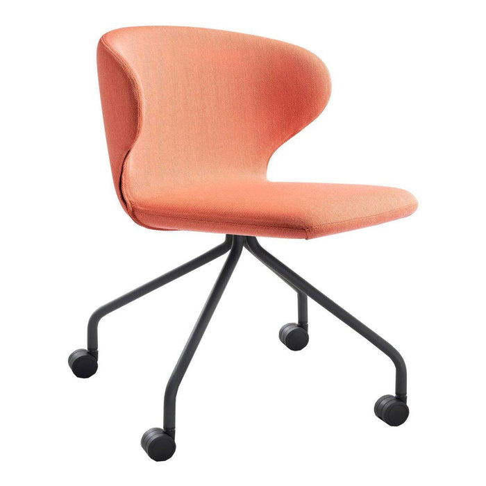 Coral pink chair with a smooth fabric finish and a sleek black metal base, perfect for modern decor.