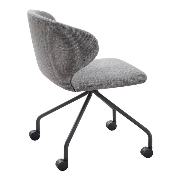 Gray upholstered chair with a smooth, rounded back and minimalist black metal legs. Ideal for modern decor.