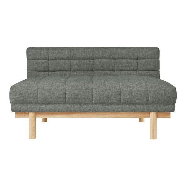 Gray tufted fabric sofa with a minimalist design and light wood legs, perfect for modern interiors.