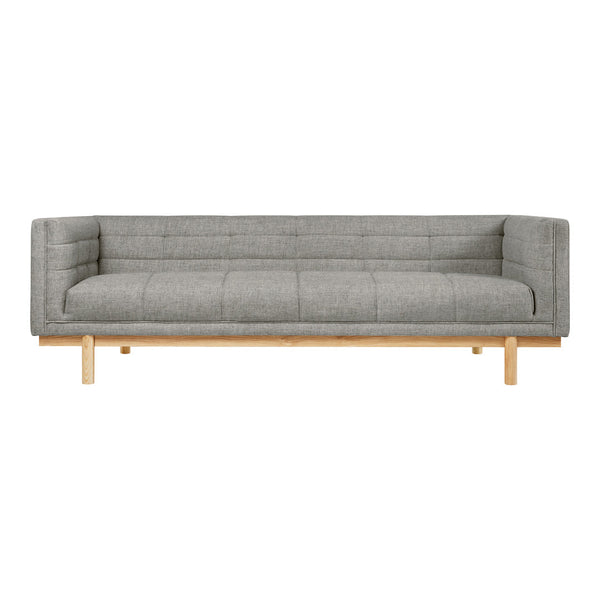 Gray upholstered sofa with a modern design, featuring clean lines and a minimalist wood base. Perfect for contemporary spaces.