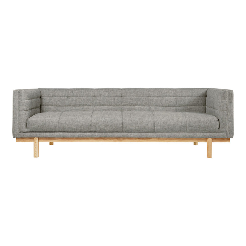 Gray upholstered sofa with a modern design, featuring clean lines and a minimalist wood base. Perfect for contemporary spaces.