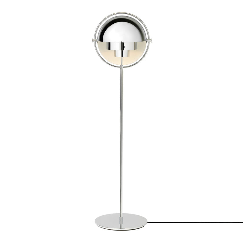 Silver and chrome floor lamp with a glossy spherical shade and sleek, modern design. Ideal for contemporary decor.