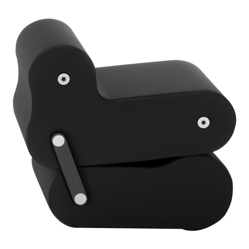 Black modern chair with smooth curves and minimalistic design, featuring contrasting silver accents.