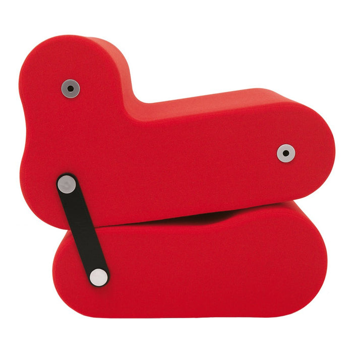 Bright red dog-shaped stool with a smooth, glossy finish and simple geometric design. Ideal for playful decor.