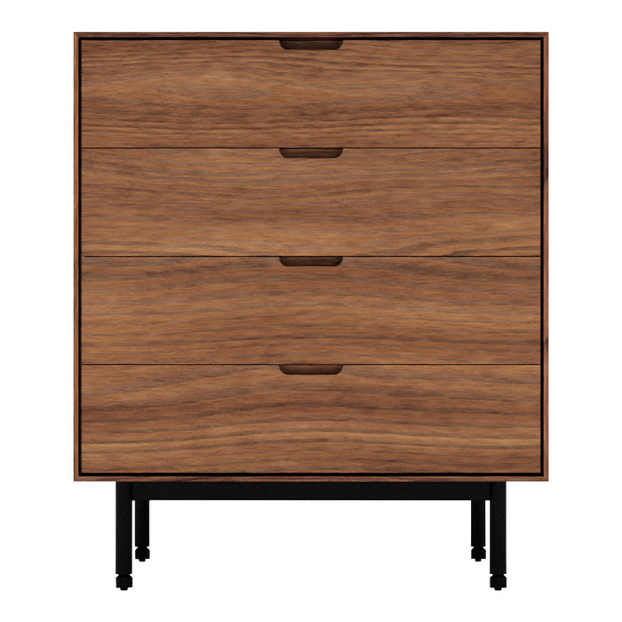 Brown wood grain dresser with four drawers and sleek black metal legs. Modern, minimalist design with natural texture.