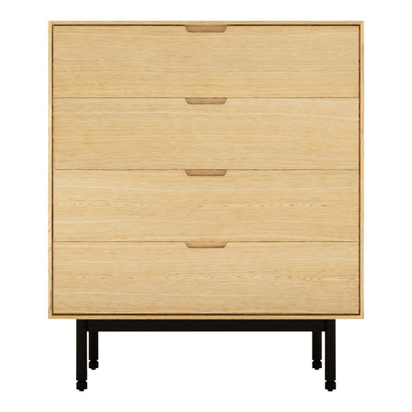 Natural wood grain dresser with four drawers, featuring a minimalist design and black metal legs.