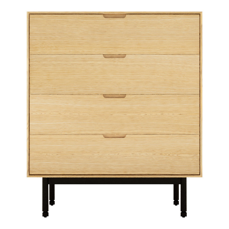 Natural wood grain dresser with four drawers, featuring a minimalist design and black metal legs.