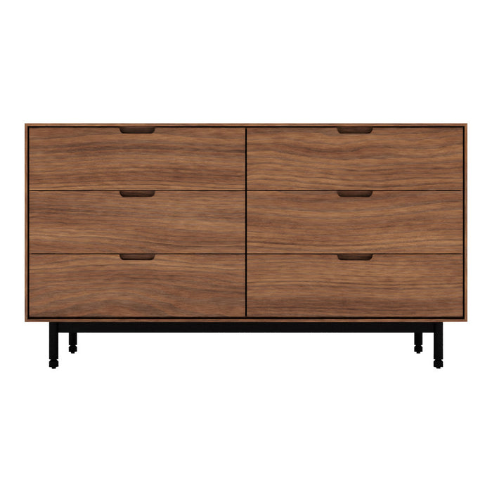 Brown wooden dresser with a sleek design, featuring six smooth drawers and black metal legs.