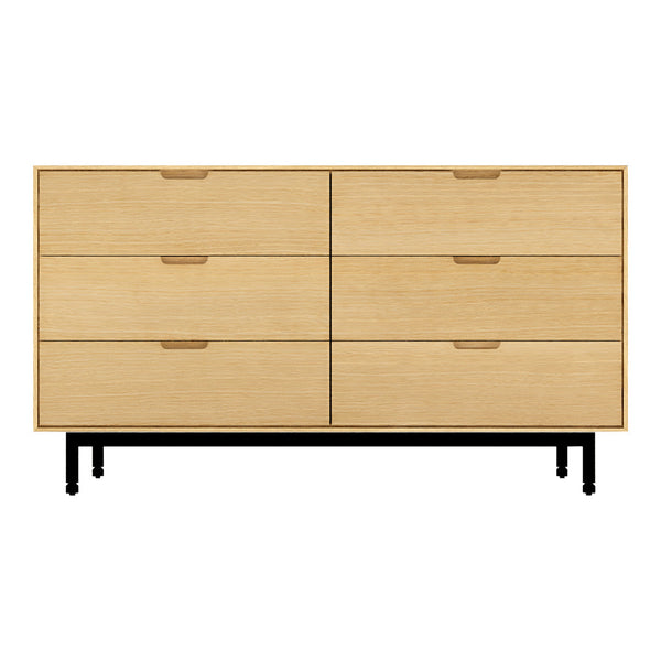 Light wood six-drawer dresser with a smooth finish and black legs, featuring a minimalist design.