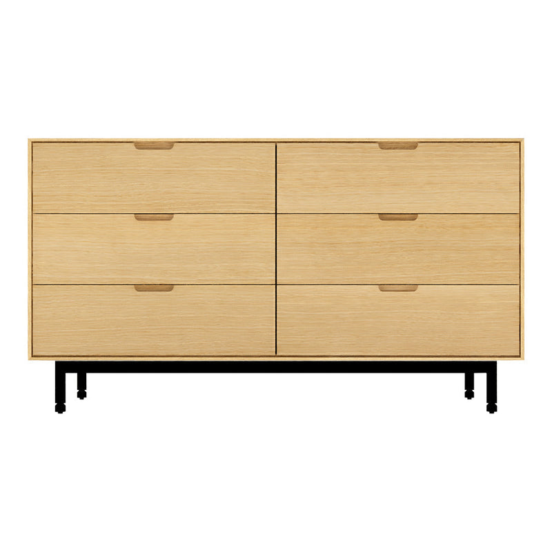 Light wood six-drawer dresser with a smooth finish and black legs, featuring a minimalist design.
