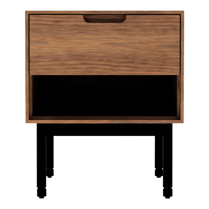 Modern nightstand with a warm walnut wood finish and sleek black legs, featuring a smooth drawer and open shelf design.