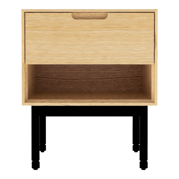 Light oak nightstand with a smooth, minimalist design and sleek black legs, combining wood and modern aesthetics.