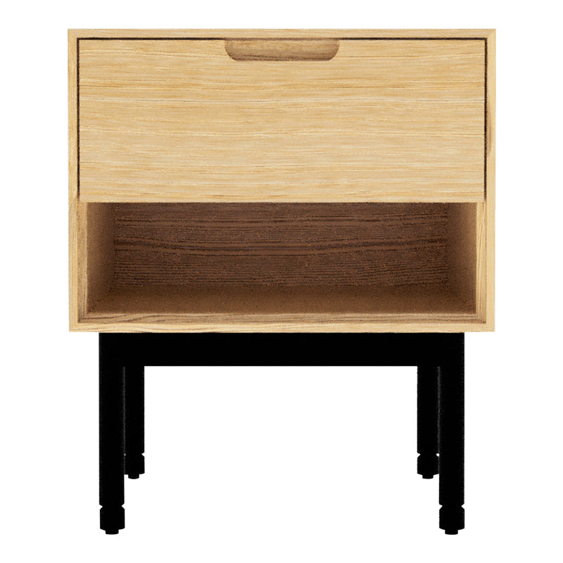 Light oak nightstand with a smooth, minimalist design and sleek black legs, combining wood and modern aesthetics.