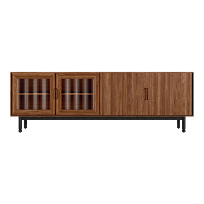 Mid-century modern wood sideboard with rich walnut finish and sleek black metal legs, featuring glass-panel doors.