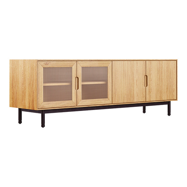 Natural wood grain sideboard with glass-paneled doors, featuring a minimalist design and sleek black metal legs.