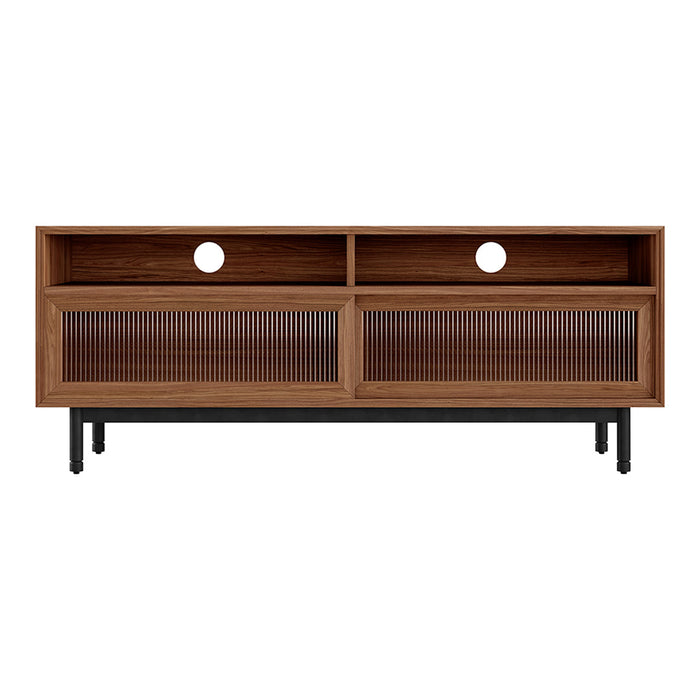 Wooden TV stand featuring rich brown tones and textured rattan patterns with black metal accents.