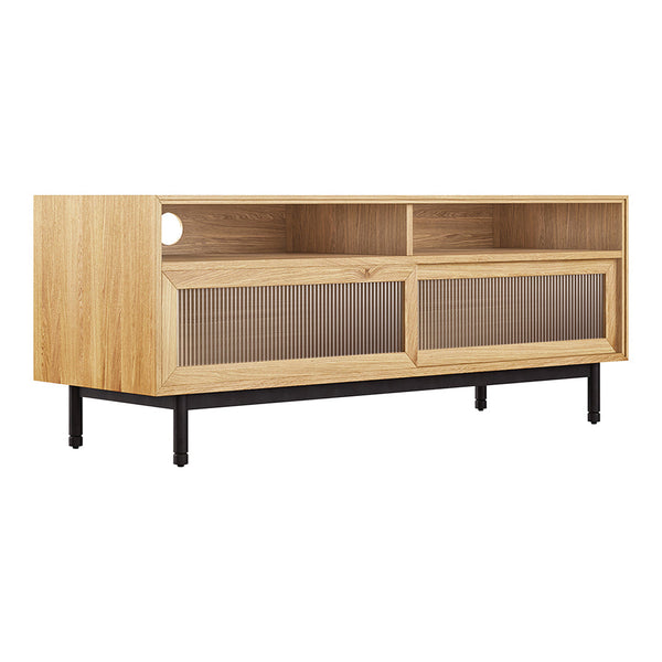 Light oak wood TV stand with black metal legs and mesh panel accents, featuring a modern, minimalist design.