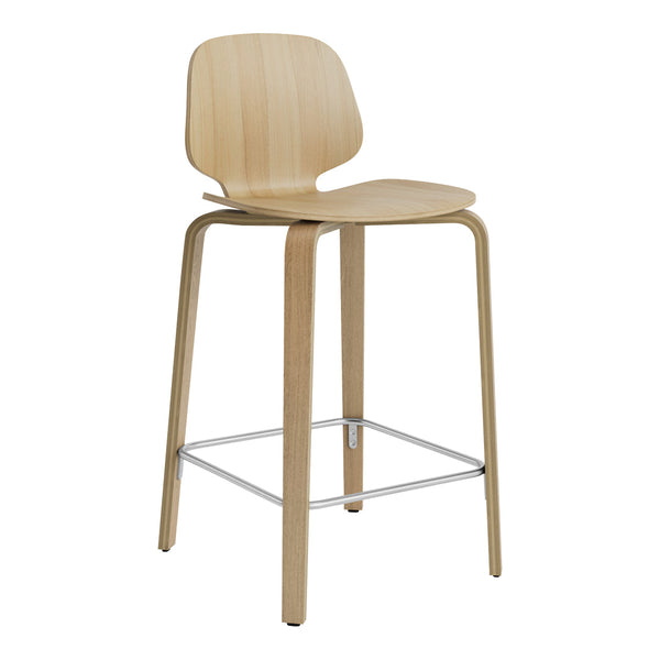 Natural light wood bar stool with a smooth finish and minimalist design. Features a sleek chrome footrest.