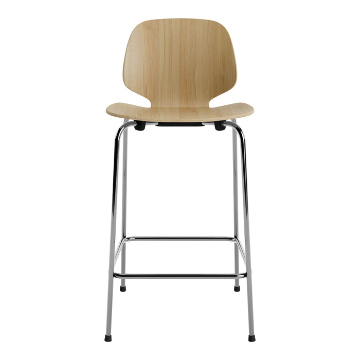 Natural wood grain seat with a sleek chrome frame; minimalistic design in neutral tones. Perfect for modern decor.