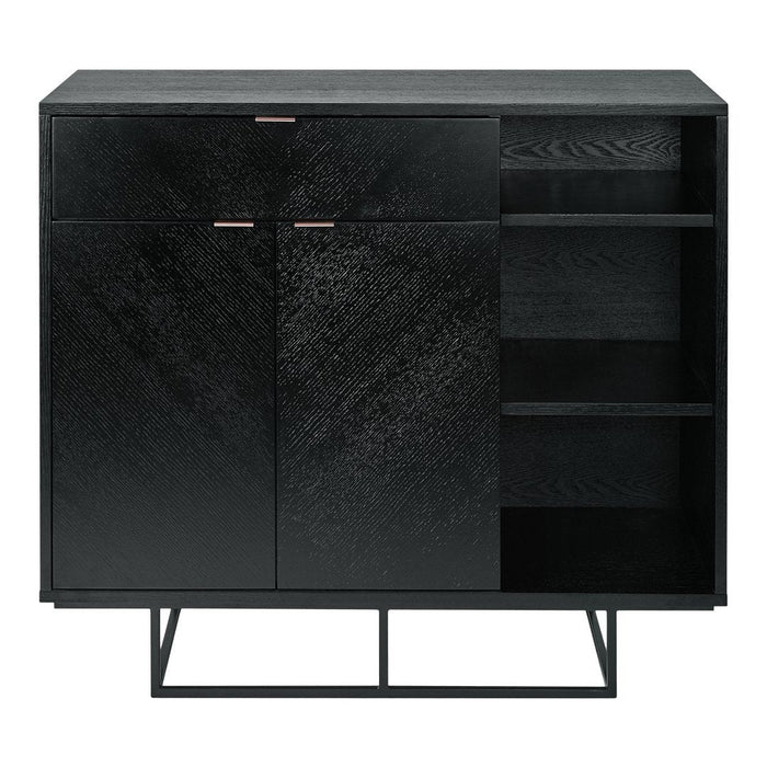 Black wooden cabinet with a textured finish and copper accents, featuring two doors and open shelving for storage.