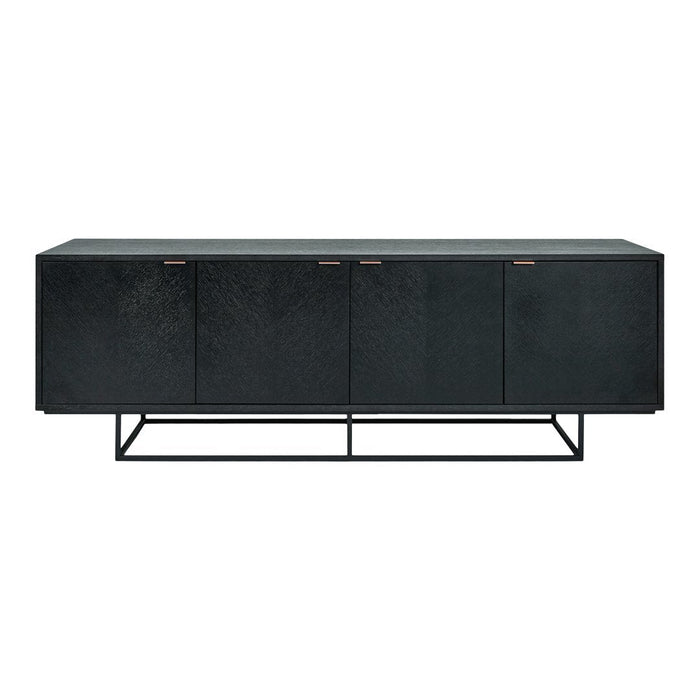 Black sideboard with a textured finish and golden accents on a metal frame, stylish and modern design.