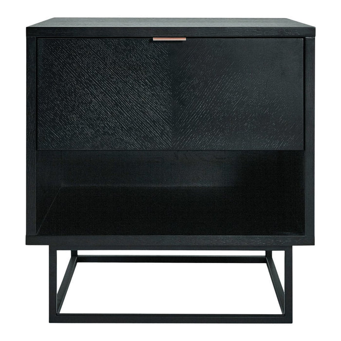 Black nightstand with a textured front and open lower shelf, featuring sleek metal legs.