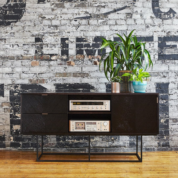 "Stylish black storage cabinet with textured patterns, paired with vibrant green plants against a vintage brick wall."