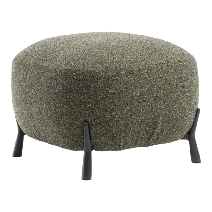 Round green ottoman with a textured fabric surface and black metal legs, perfect for modern decor.