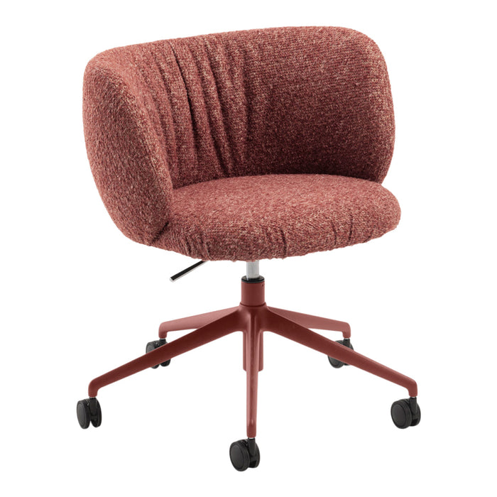 Soft terracotta upholstered chair with ribbed pattern and matching red base, perfect for modern office decor.