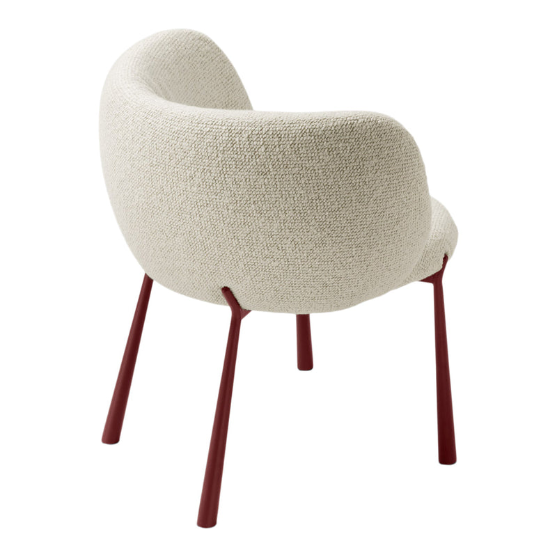 Cream textured upholstery with burgundy legs, showcasing a minimalistic and modern design. Perfect for any décor.