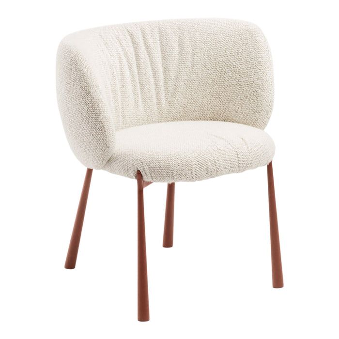 Cream-colored chair with textured upholstery and rust-colored legs, featuring a modern, curved design.