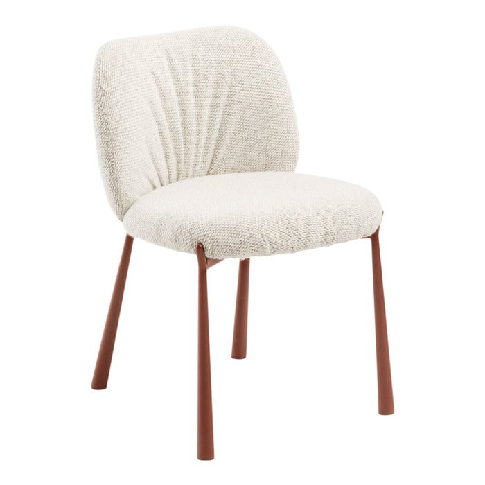 Cream upholstered chair with textured finish and complementary rust-colored metal legs.