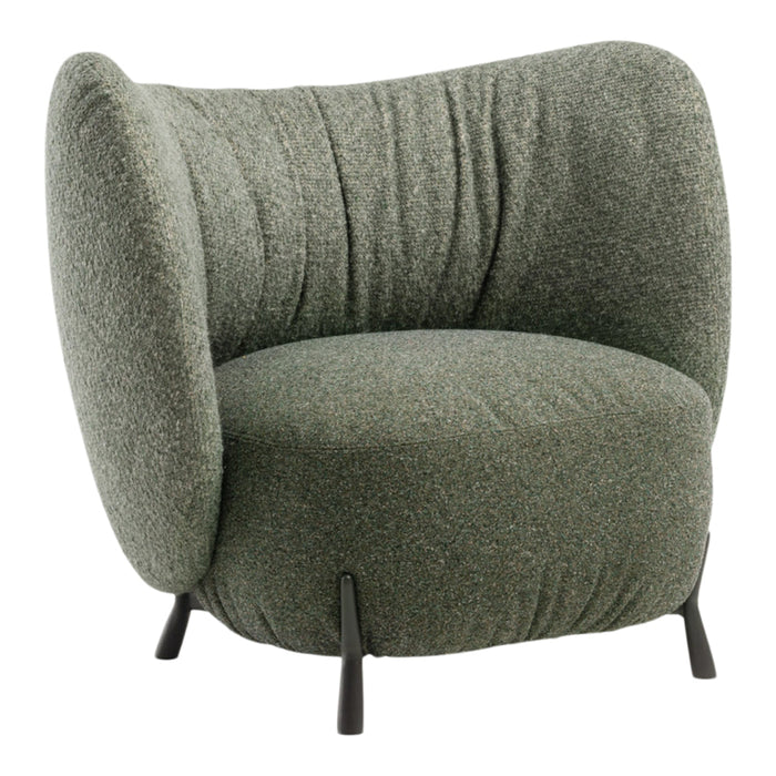 Curved green chair with textured fabric, featuring a soft, inviting pattern and black metal legs.