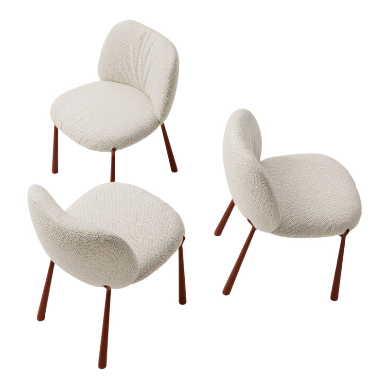 Set of three cream-colored chairs with a textured fabric and natural wood legs, featuring a minimalist design.