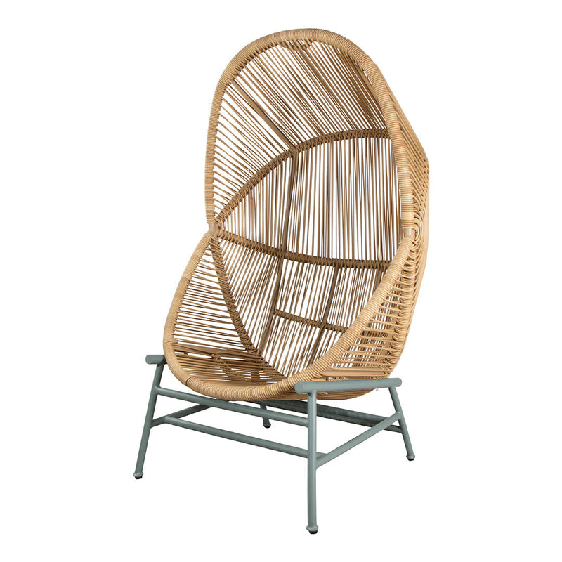 Natural rattan chair with open weave pattern and light blue metal legs, perfect for a contemporary decor.