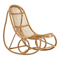 Natural rattan rocking chair featuring a curved design and open weave pattern in warm, earthy tones.
